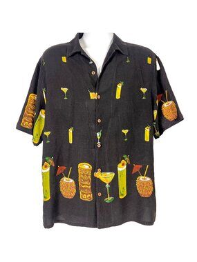 Axis Tropical Tiki Mug Cocktails Mens Camp Shirt size Large 45x30 Rayon Hawaiian
